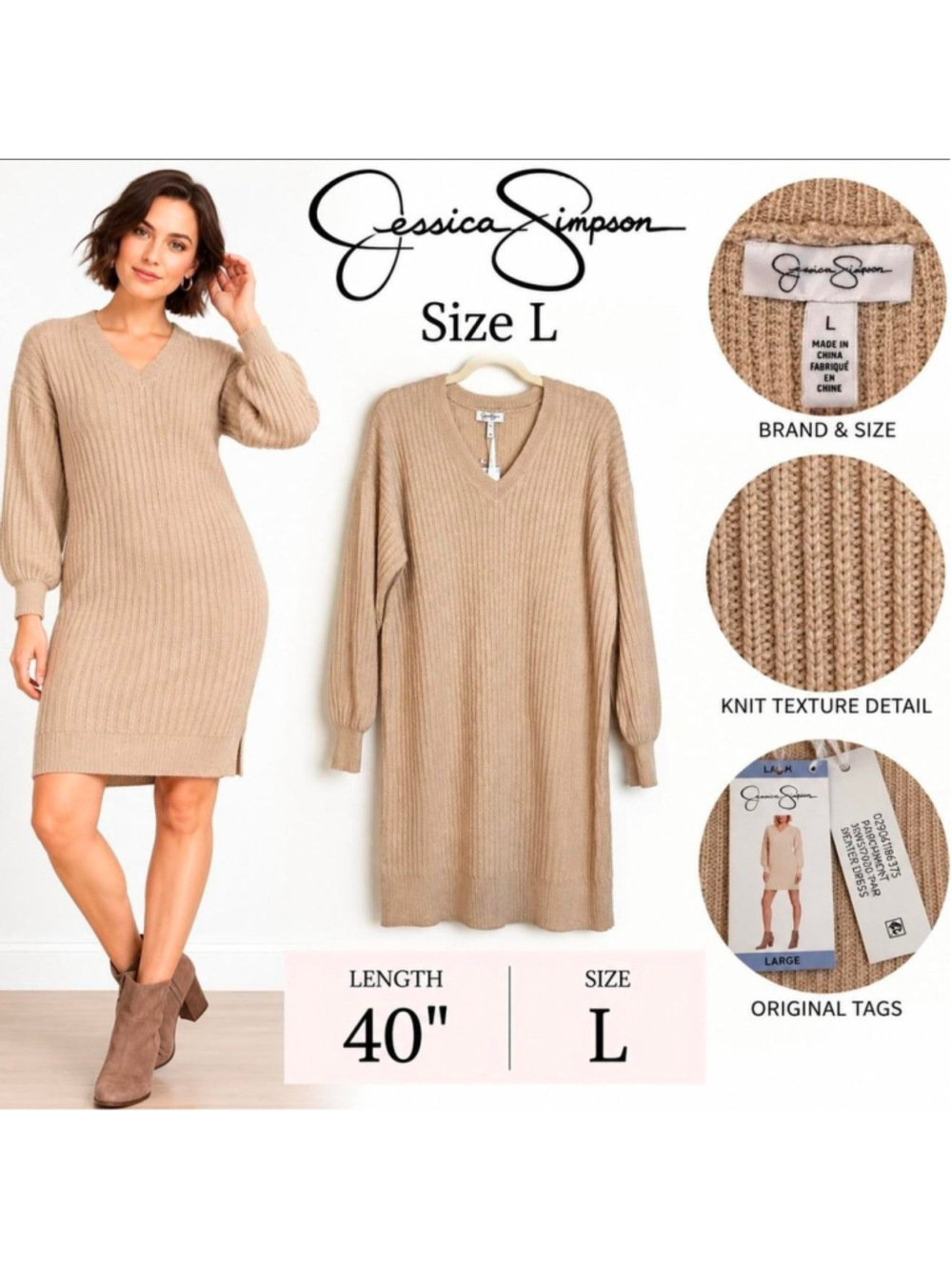 Jessica Simpson NWT Size Large Beige Ribbed Sweater Dress V-Neck Neutral